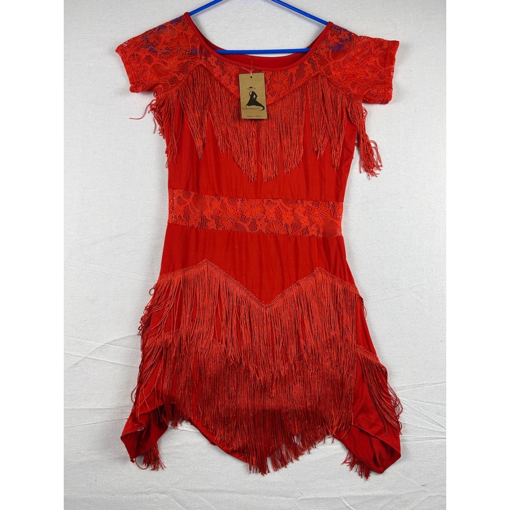 Whitewed Red Fringe Latin Dance Dress Lace Accent FR0029 Small